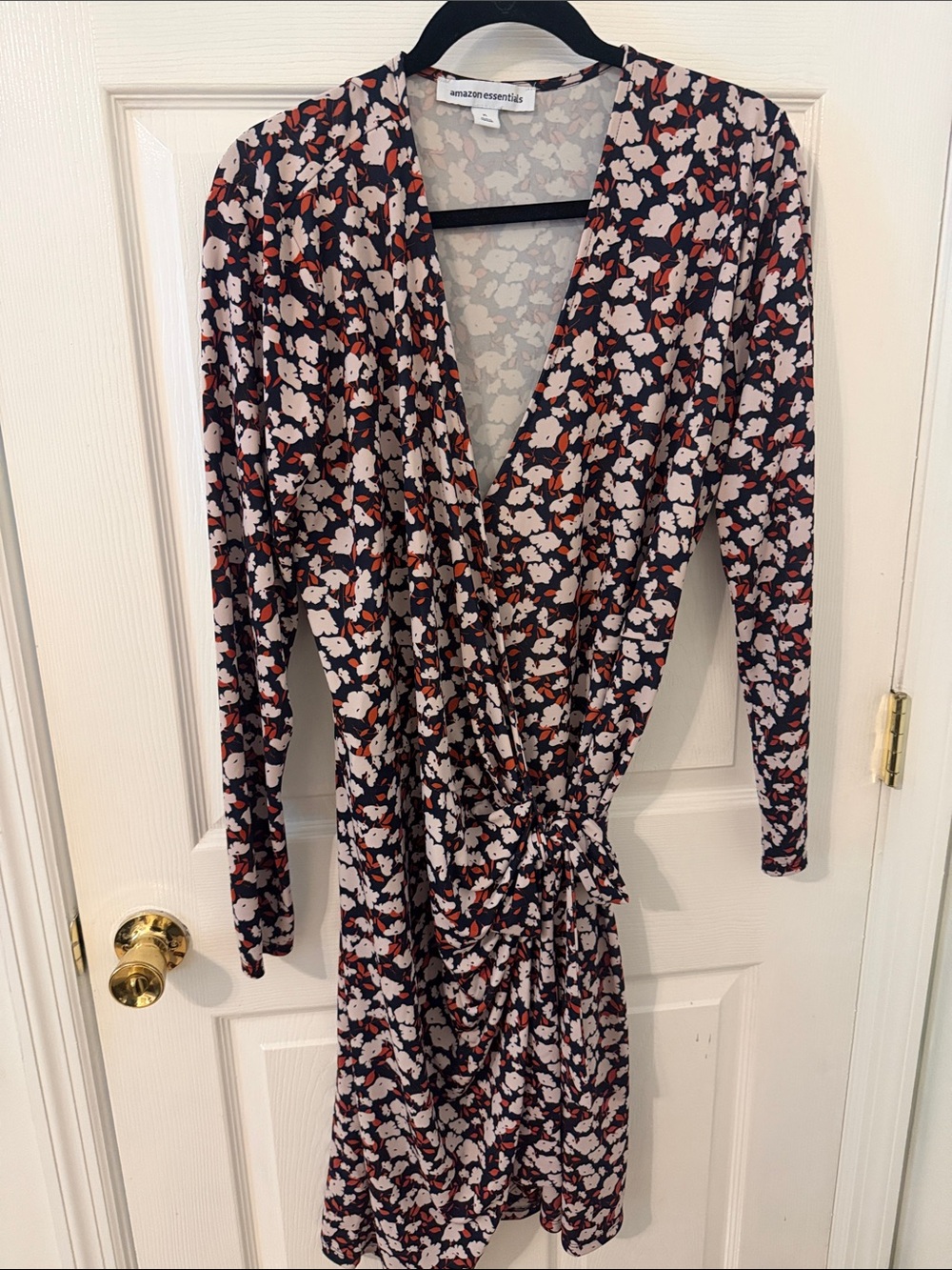 Amazon Essentials Navy Floral Wrap Dress with Pink and Rust Accents